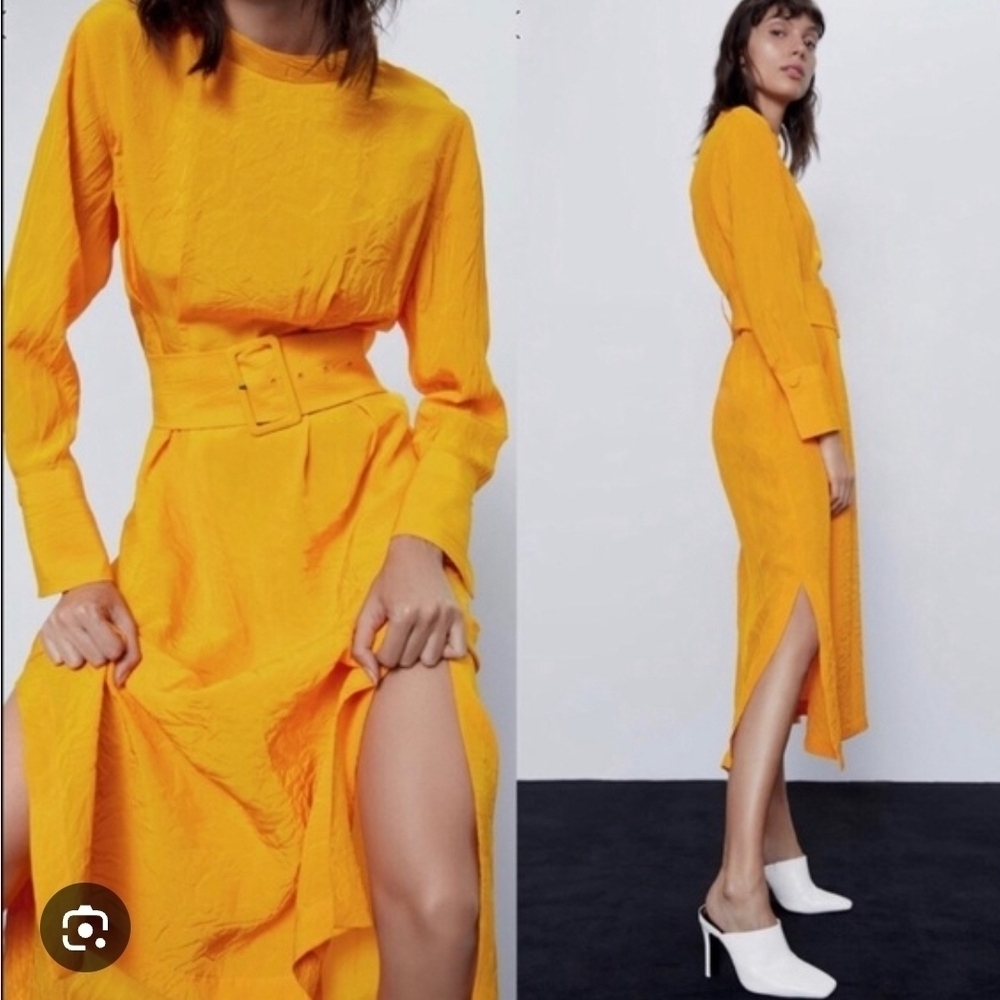Zara Women’s Yellow Gold Belted Long Shirt Maxi Dress XL - Picture 2 of 10